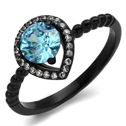 Picture of TK2364 - Stainless Steel Ring IP Black(Ion Plating) Women AAA Grade CZ Sea Blue