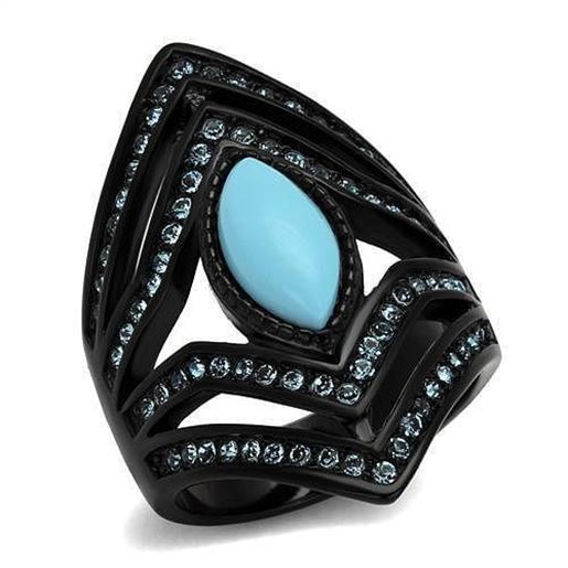 Picture of TK2482 - Stainless Steel Ring IP Black(Ion Plating) Women Synthetic Sea Blue