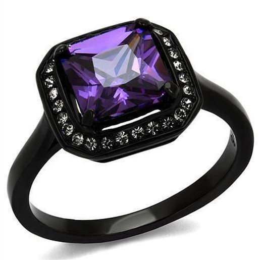 Picture of TK2487 - Stainless Steel Ring IP Black(Ion Plating) Women AAA Grade CZ Amethyst