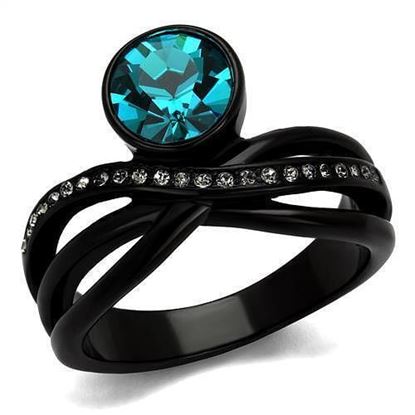 Picture of TK2488 - Stainless Steel Ring IP Black(Ion Plating) Women Top Grade Crystal Blue Zircon