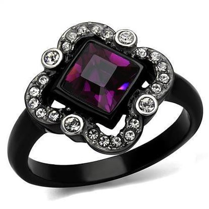 Picture of TK2489 - Stainless Steel Ring Two-Tone IP Black Women Top Grade Crystal Fuchsia