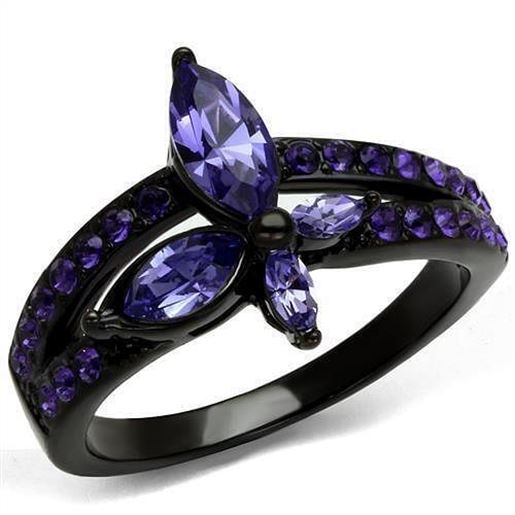 Picture of TK2490 - Stainless Steel Ring IP Black(Ion Plating) Women Top Grade Crystal Tanzanite