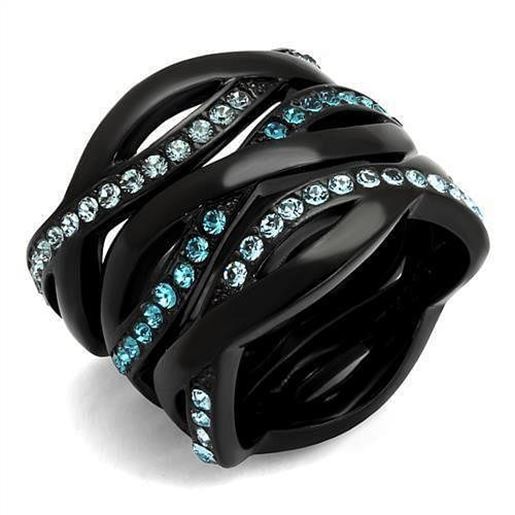 Picture of TK2492 - Stainless Steel Ring IP Black(Ion Plating) Women Top Grade Crystal Sea Blue