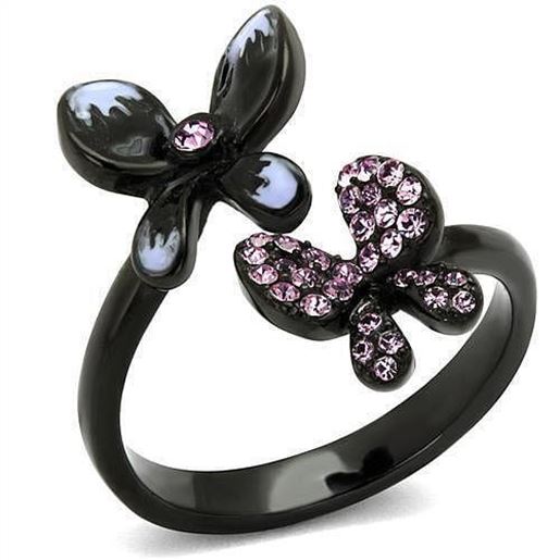 Picture of TK2554 - Stainless Steel Ring IP Black(Ion Plating) Women Top Grade Crystal Light Amethyst