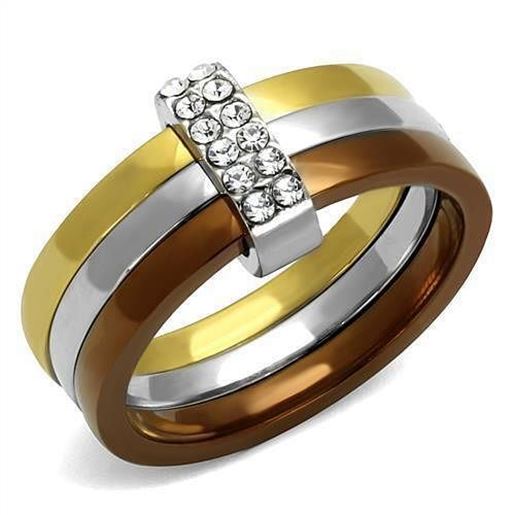 Picture of TK2600 - Stainless Steel Ring Three Tone IP?â‚¬IP Gold & IP Light coffee & High Polished) Women Top Grade Crystal Clear