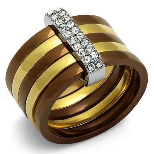 Picture of TK2601 - Stainless Steel Ring Three Tone IP?â‚¬IP Gold & IP Light coffee & High Polished) Women Top Grade Crystal Clear