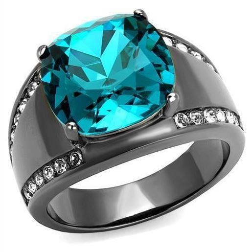 Picture of TK2678 - Stainless Steel Ring IP Light Black  (IP Gun) Women Top Grade Crystal Blue Zircon