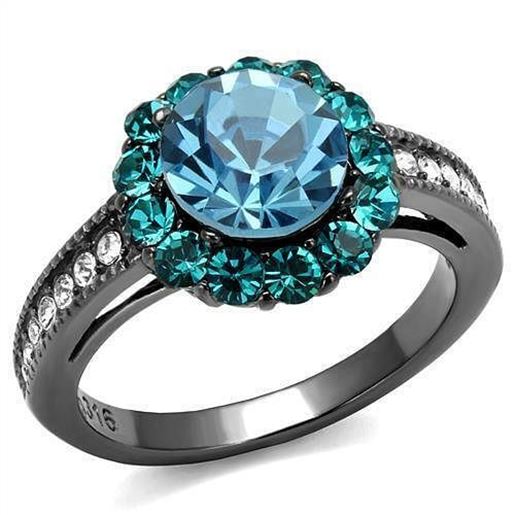 Picture of TK2716 - Stainless Steel Ring IP Light Black  (IP Gun) Women Top Grade Crystal Sea Blue