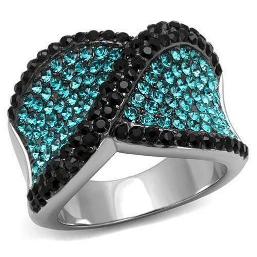 Picture of TK2764 - Stainless Steel Ring Two-Tone IP Black Women Top Grade Crystal Blue Zircon