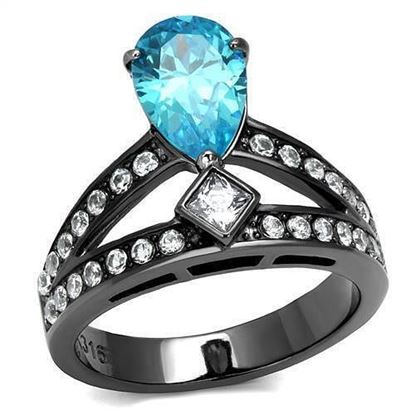 Picture of TK2775 - Stainless Steel Ring IP Light Black  (IP Gun) Women AAA Grade CZ Sea Blue