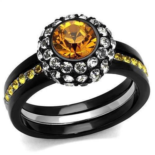 Picture of TK2783 - Stainless Steel Ring Two-Tone IP Black (Ion Plating) Women Top Grade Crystal Topaz