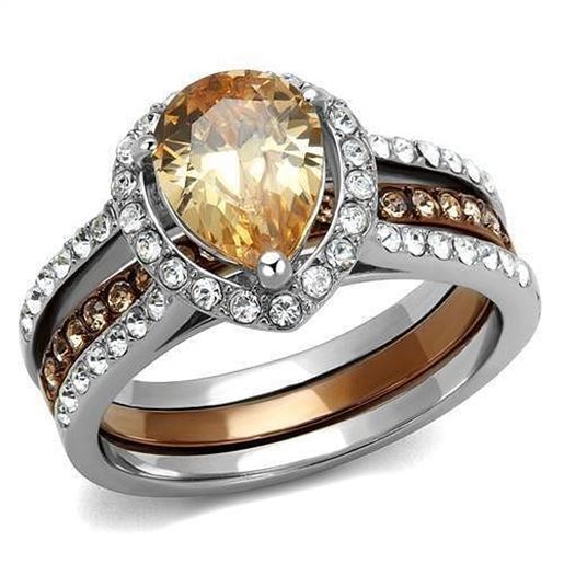 Picture of TK2961 - Stainless Steel Ring Two Tone IP Light Brown (IP Light coffee) Women AAA Grade CZ Champagne