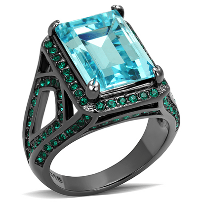 Picture of TK2988 - Stainless Steel Ring IP Light Black  (IP Gun) Women Top Grade Crystal Sea Blue