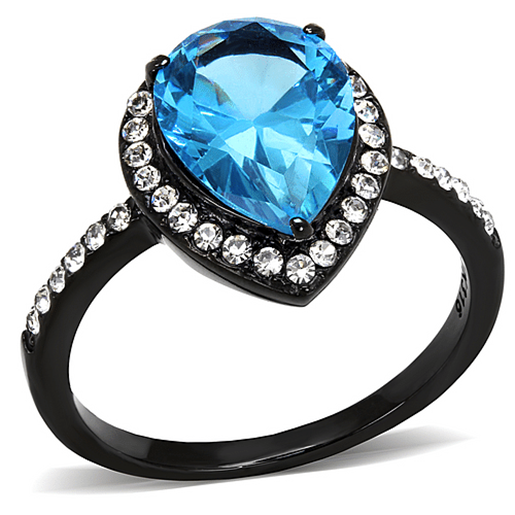 Picture of TK3057 - Stainless Steel Ring IP Black(Ion Plating) Women Synthetic Sea Blue