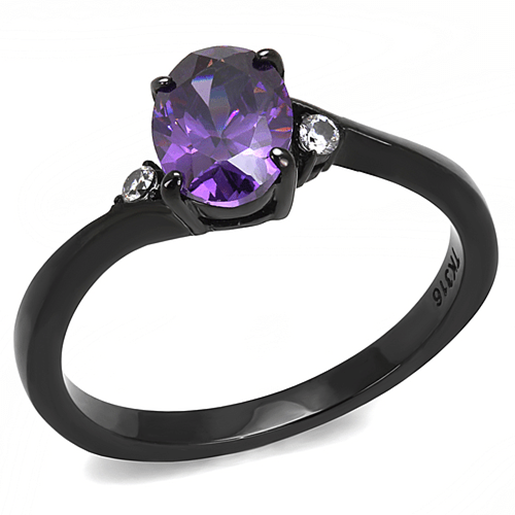 Picture of TK3063 - Stainless Steel Ring IP Black(Ion Plating) Women AAA Grade CZ Amethyst