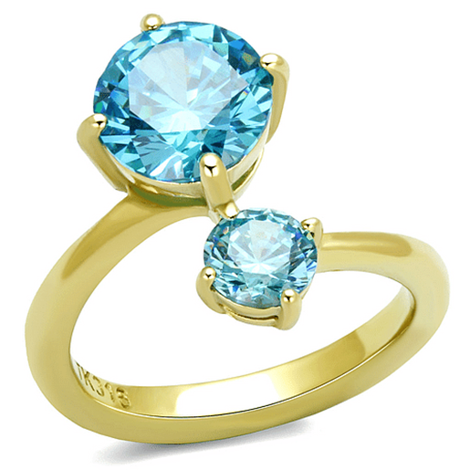 Picture of TK3092 - Stainless Steel Ring IP Gold(Ion Plating) Women AAA Grade CZ Sea Blue