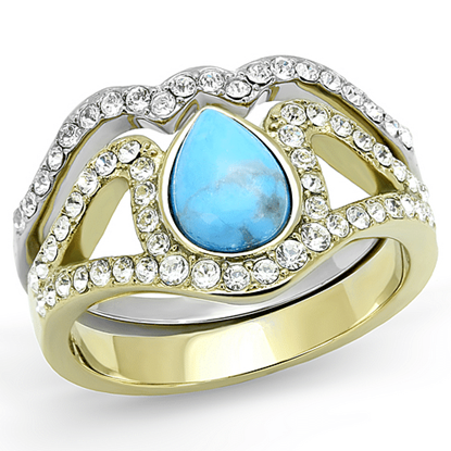 Picture of TK3124 - Stainless Steel Ring Two-Tone IP Gold (Ion Plating) Women Synthetic Turquoise