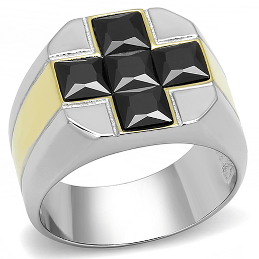 Picture of TK3271 - Stainless Steel Ring Two-Tone IP Gold (Ion Plating) Men AAA Grade CZ Black Diamond