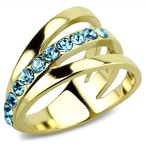 Picture of TK3441 - Stainless Steel Ring IP Gold(Ion Plating) Women Top Grade Crystal Sea Blue