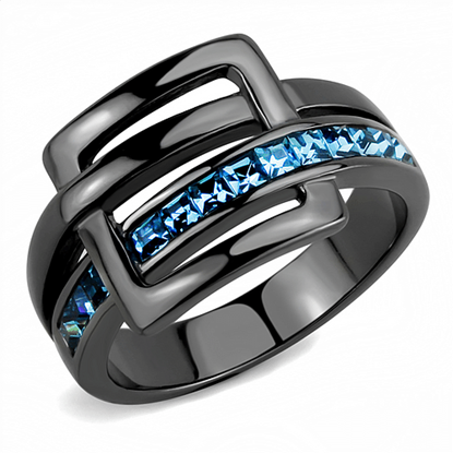 Picture of TK3451 - Stainless Steel Ring IP Light Black  (IP Gun) Women Top Grade Crystal Sea Blue