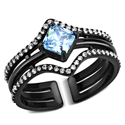 Picture of TK3562 - Stainless Steel Ring IP Black(Ion Plating) Women AAA Grade CZ Sea Blue