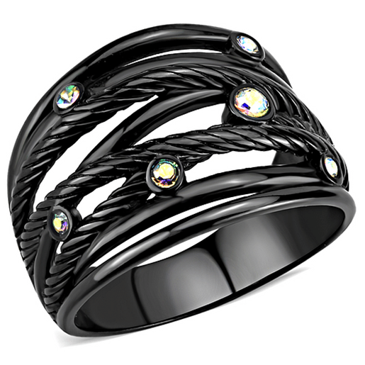 Picture of TK3566 - Stainless Steel Ring IP Black(Ion Plating) Women Top Grade Crystal Aurora Borealis (Rainbow Effect)