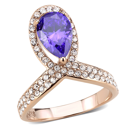 Picture of TK3589 - Stainless Steel Ring IP Rose Gold(Ion Plating) Women AAA Grade CZ Tanzanite