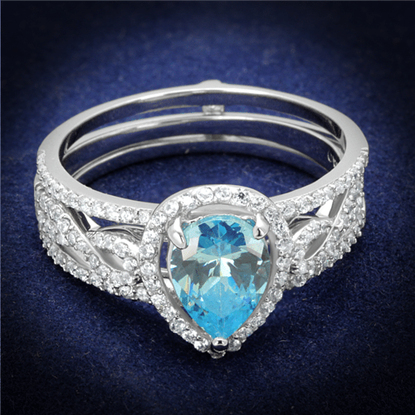 Picture of TS453 - 925 Sterling Silver Ring Rhodium Women AAA Grade CZ Sea Blue