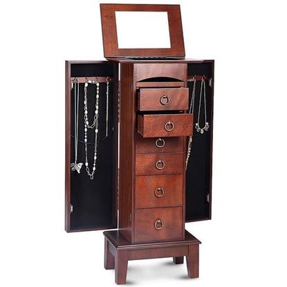 Picture of Medium Brown Wood Jewlery Armoire Storage Chest Cabinet with Mirror